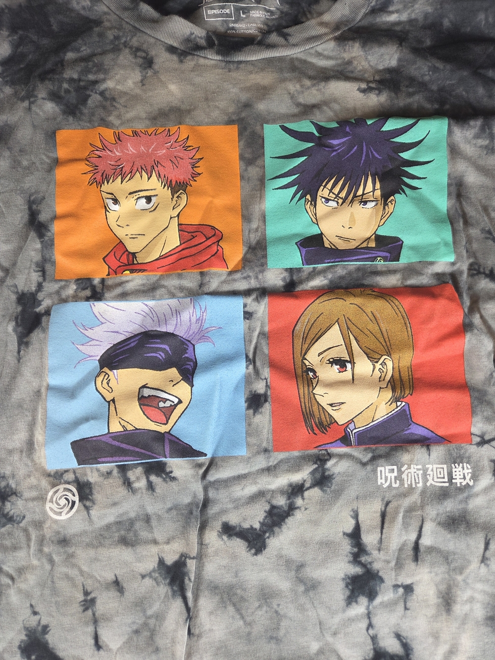 Tie-Dye Anime Panel Long Sleeve Tee - Black & Gray Large